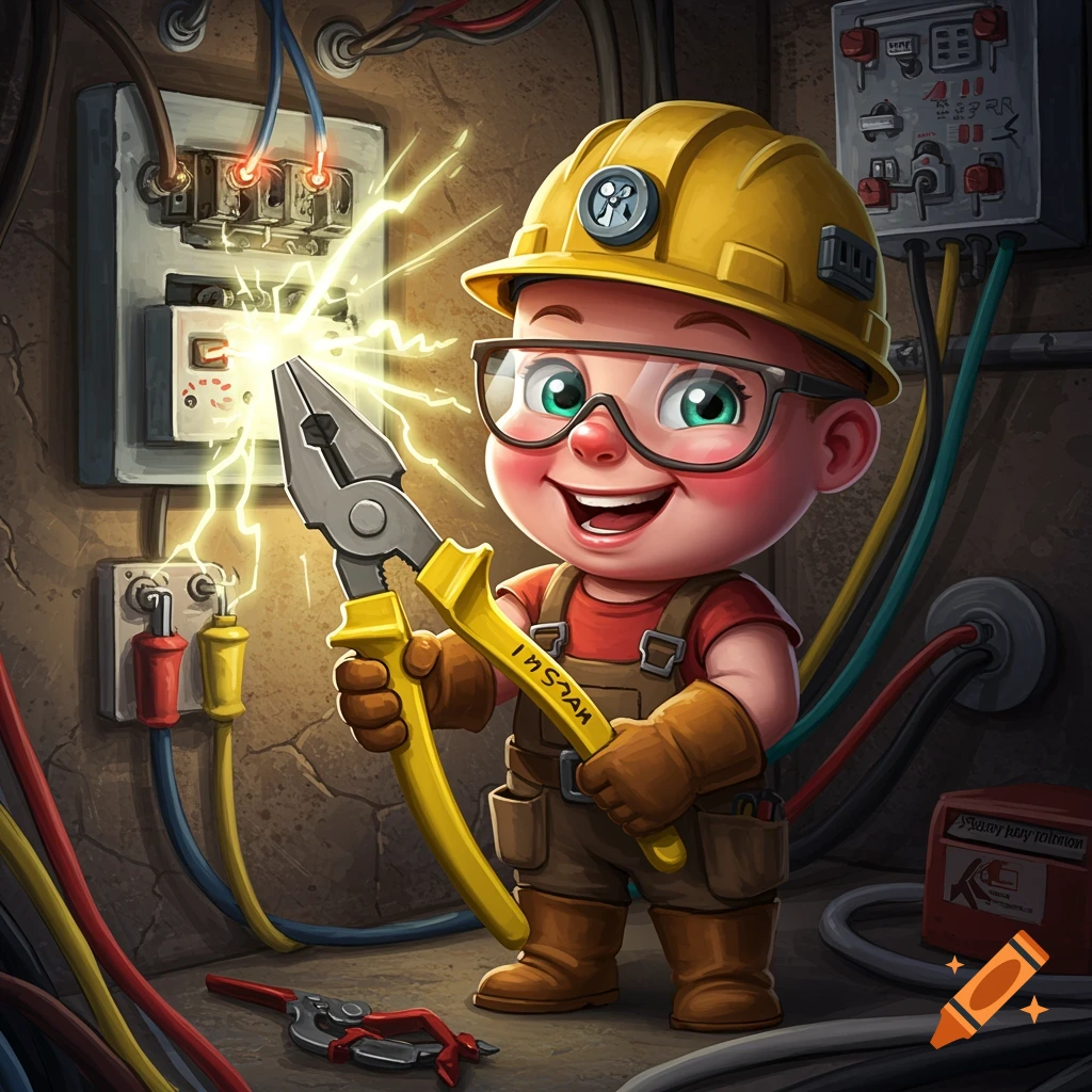Cartoon boy in hard hat and glasses holding sparking pliers near electrical panel