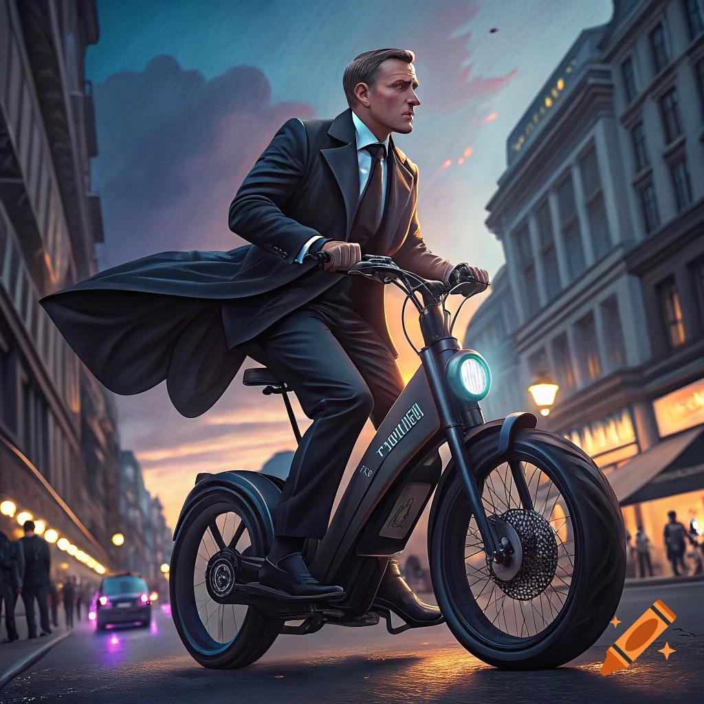 A man in a suit rides a black electric bicycle down a city street at sunset, cinematic style.