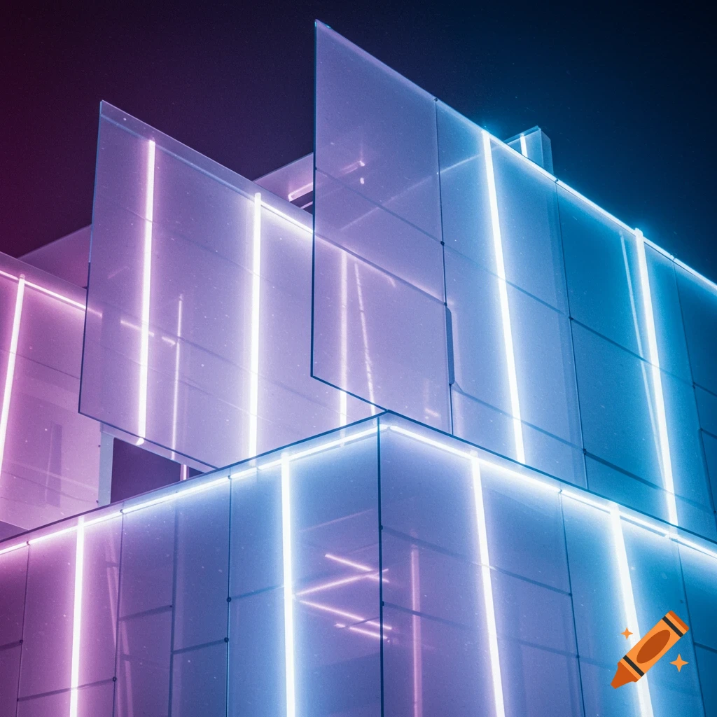 Modern building facade with purple and blue neon lights