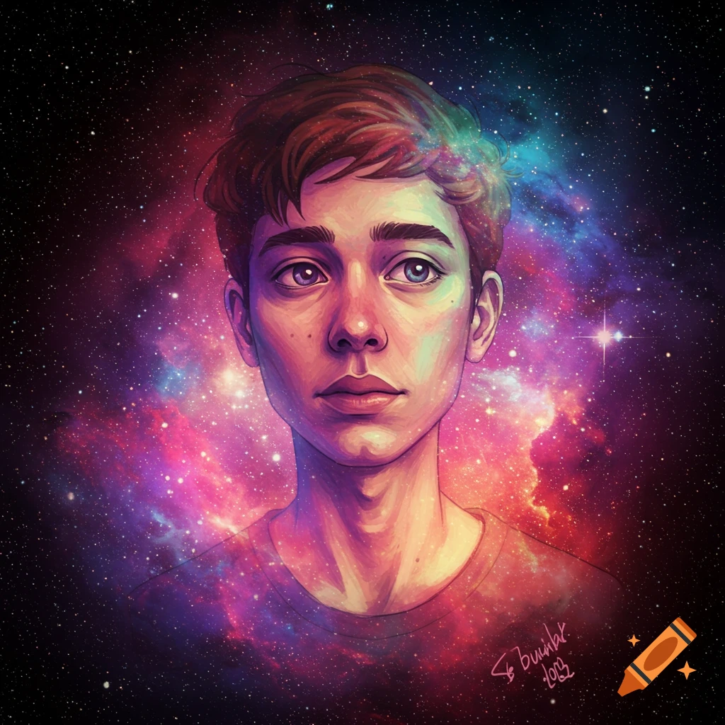 A person's head and shoulders are shown against a starry galaxy background.