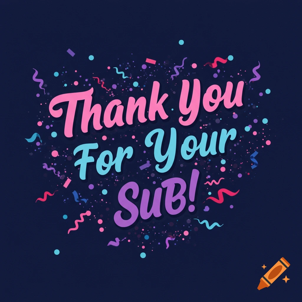 Confetti surrounds the words 'Thank You For Your Sub!' in pink, blue, and purple text on a dark background.