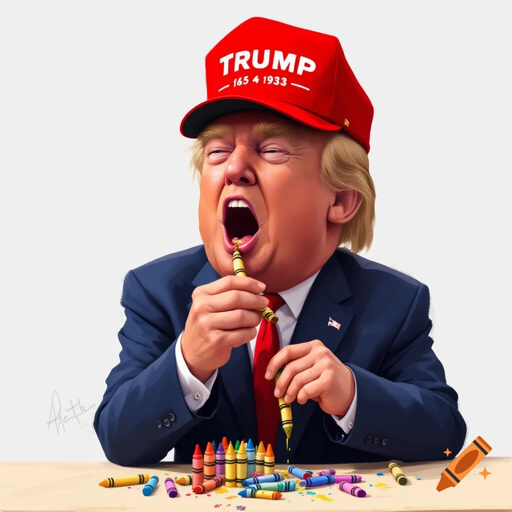 Donald Trump in a red hat and suit, eating a crayon with a pile of crayons on the table.