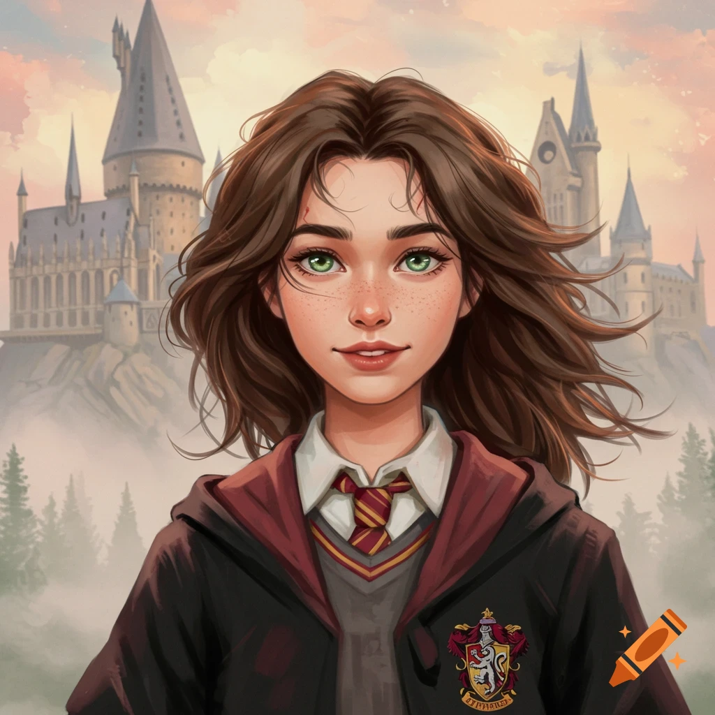 A young woman in a school uniform with a crest stands before a castle.