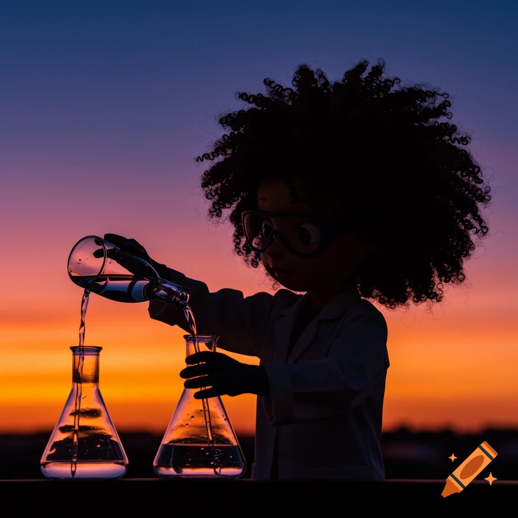 Cartoon girl silhouette doing science experiment against sunset.