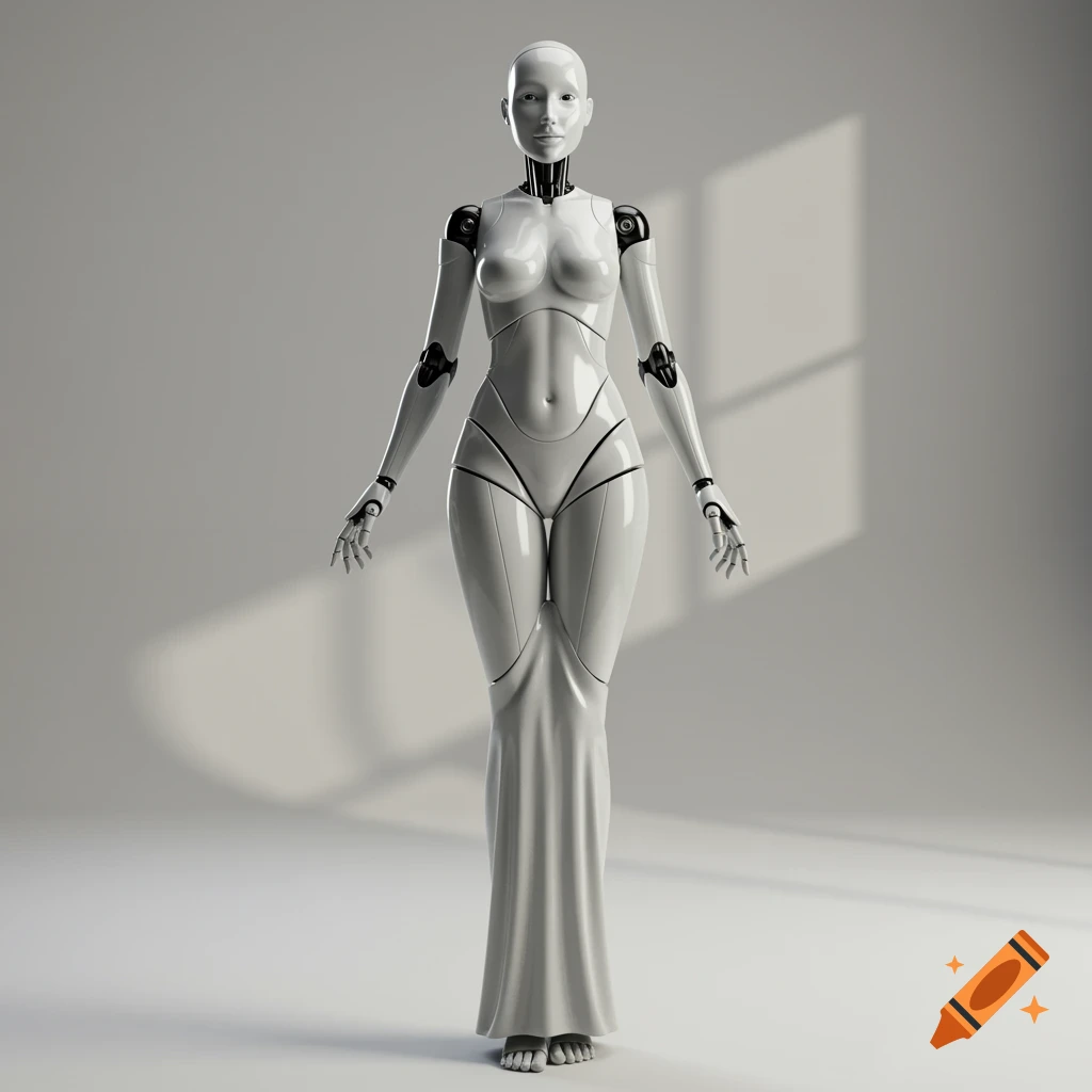 A sleek white humanoid robot in a long skirt stands in a studio with window shadows.