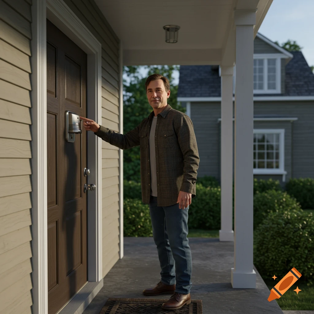 A man stands on a porch and rings a doorbell.