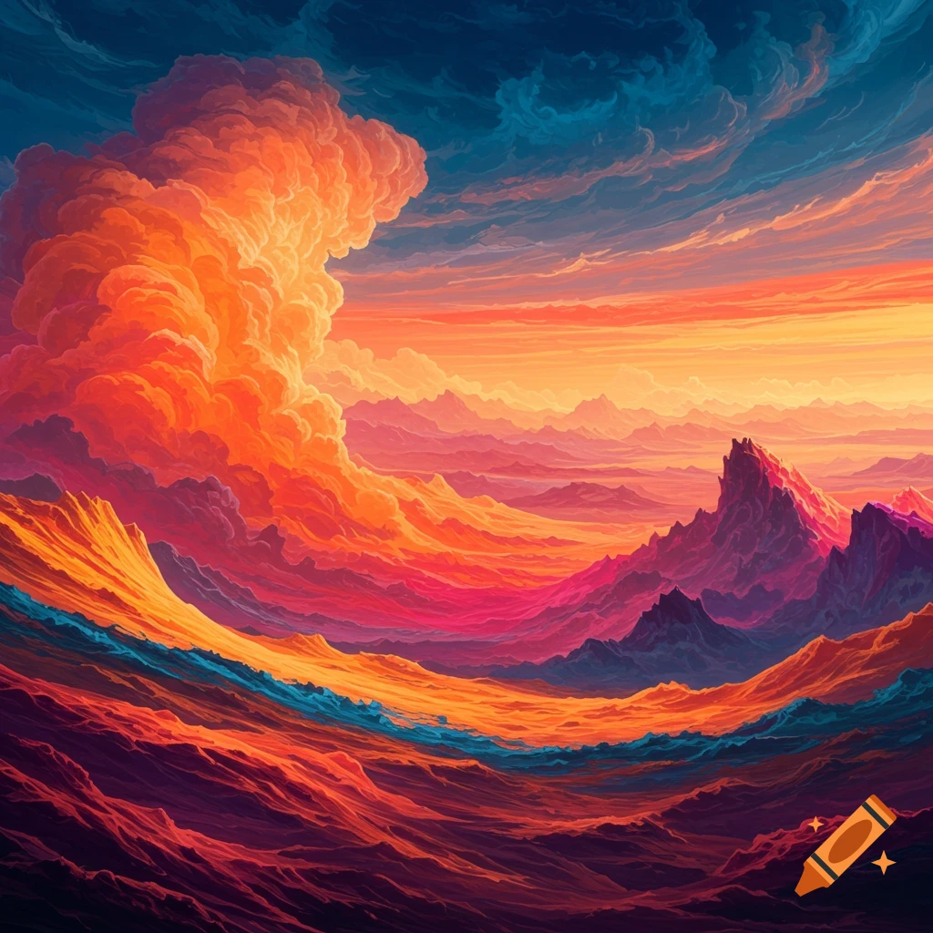 Vibrant image of a sunset or sunrise over colorful, stylized mountains and landscape with large orange clouds.