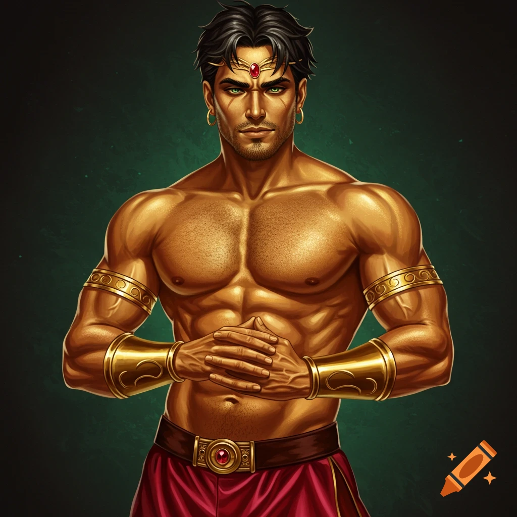 A muscular man with golden skin and green eyes, wearing crimson trousers and golden armlets.