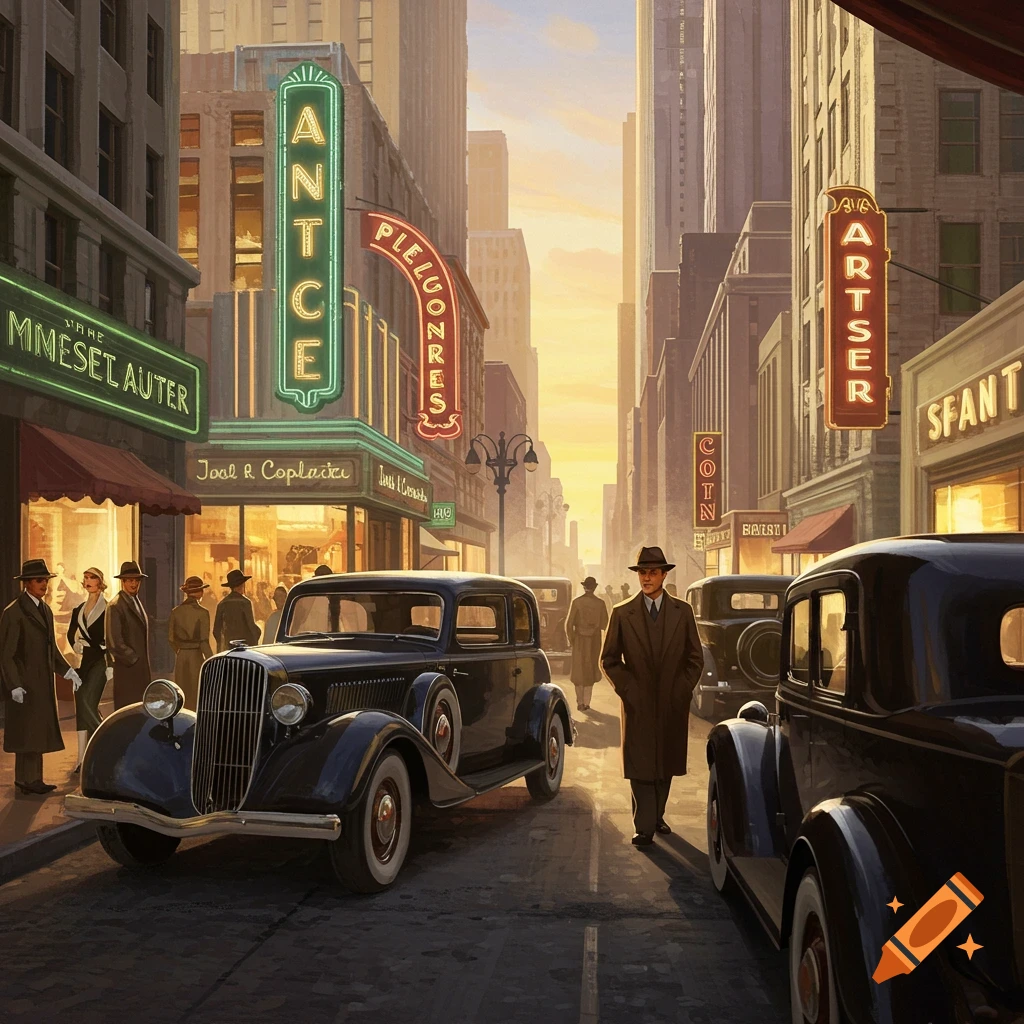 A bustling 1930s city street with vintage cars and people in period attire under neon signs.