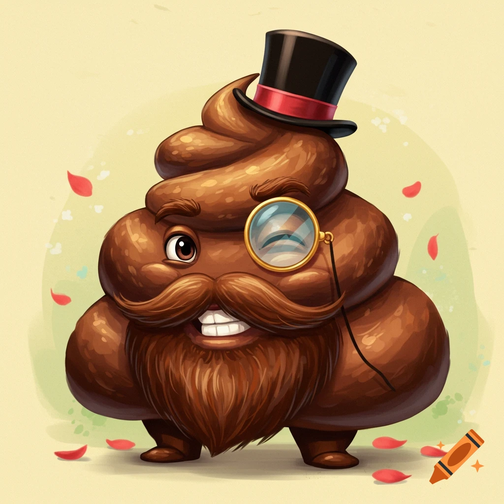 A handsome cartoon poop character wearing a top hat and monocle, with a mustache and beard.