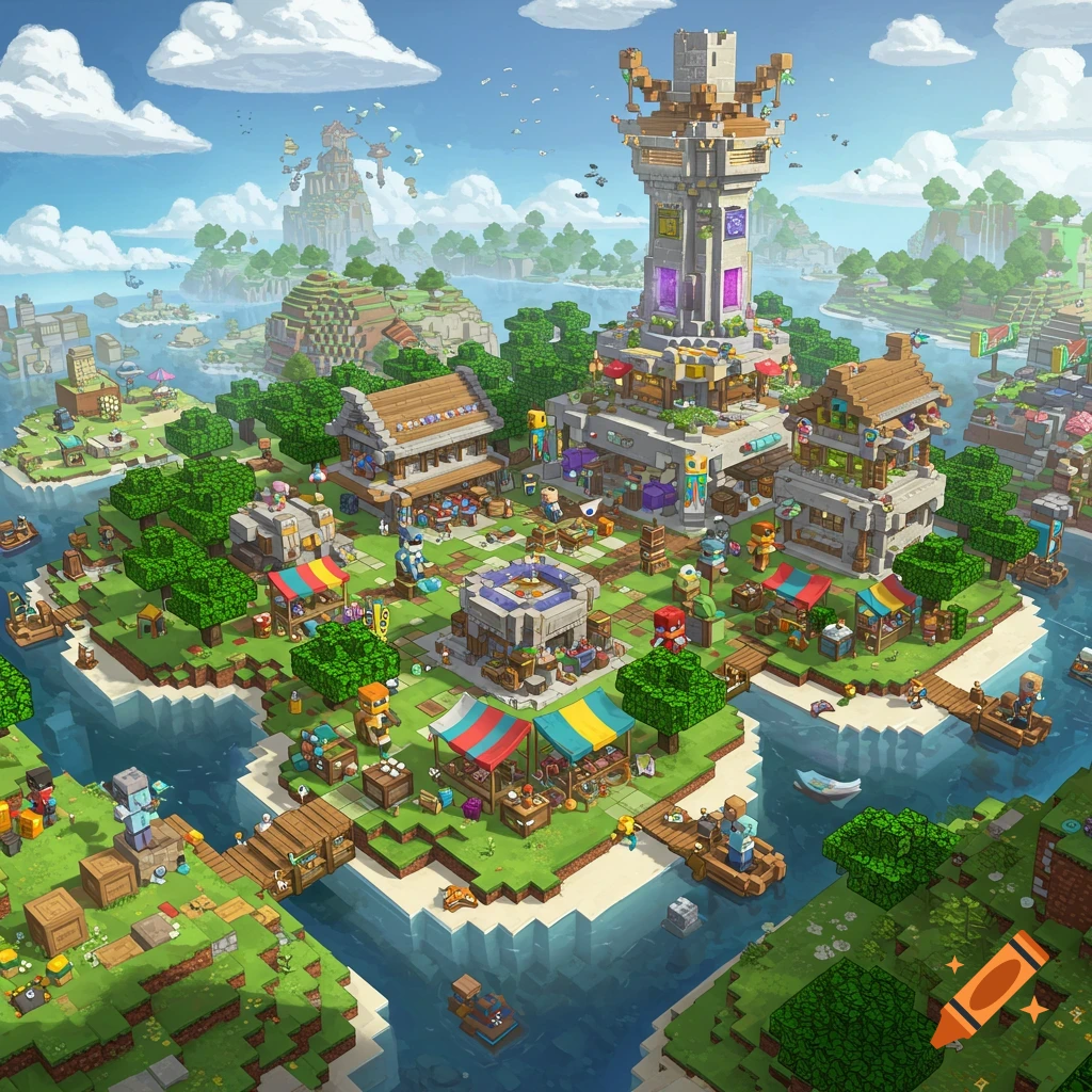 An aerial view of a blocky fantasy village with a large tower, buildings, market stalls, and characters, in a style similar to Minecraft.