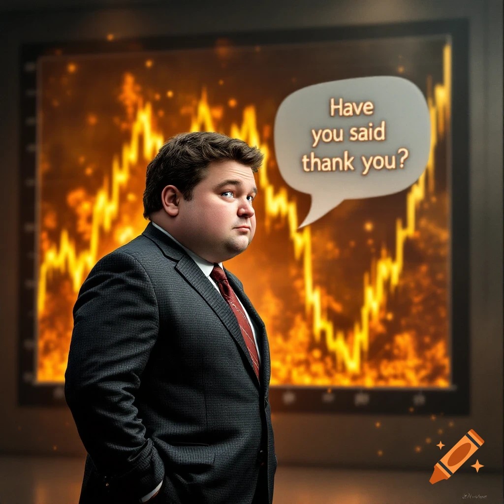 Photorealistic image of a man in a suit standing before a fiery stock market graph, asking 'Have you said thank you?' in a speech bubble.