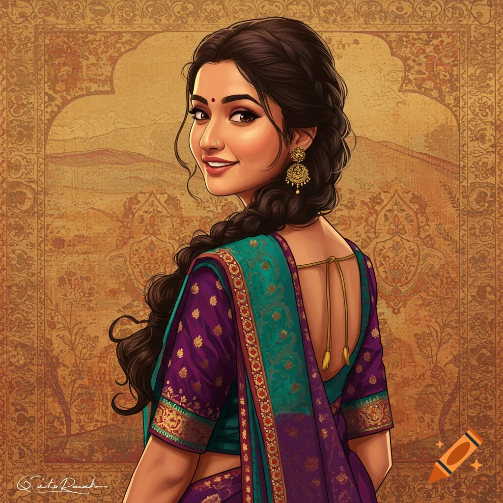 A woman in a purple and teal saree looks over her shoulder.