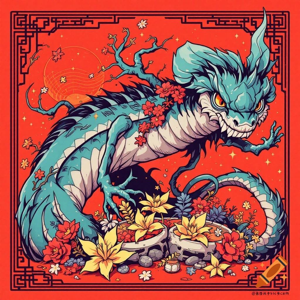 A stylized blue dragon with flowers against a red background with traditional borders.