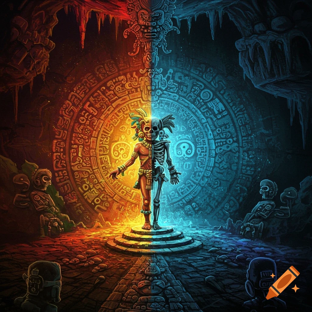 A figure is split between human and skeleton, standing before a Mayan calendar in a cave with dual lighting.