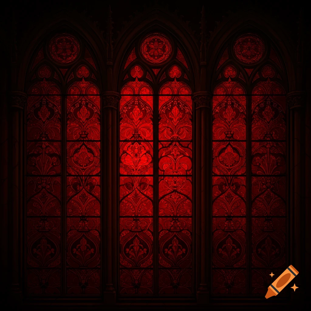 Gothic stained glass window with red and black patterns