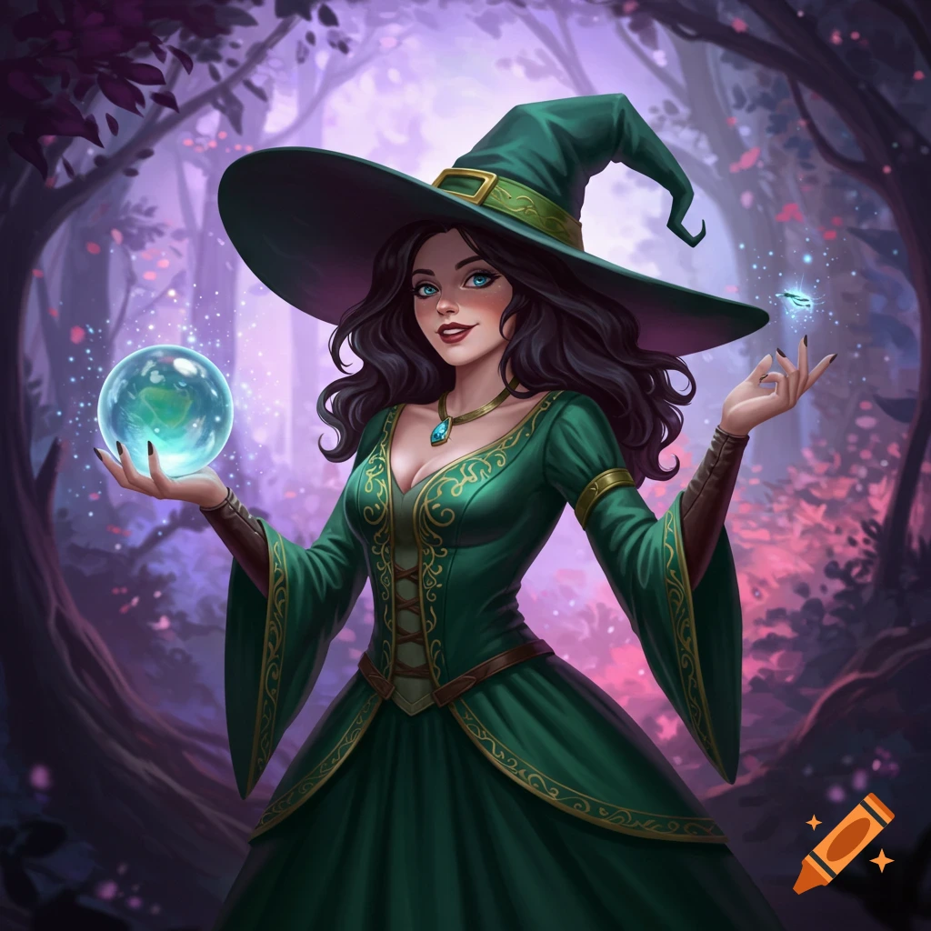 A witch in a forest holding a glowing orb.