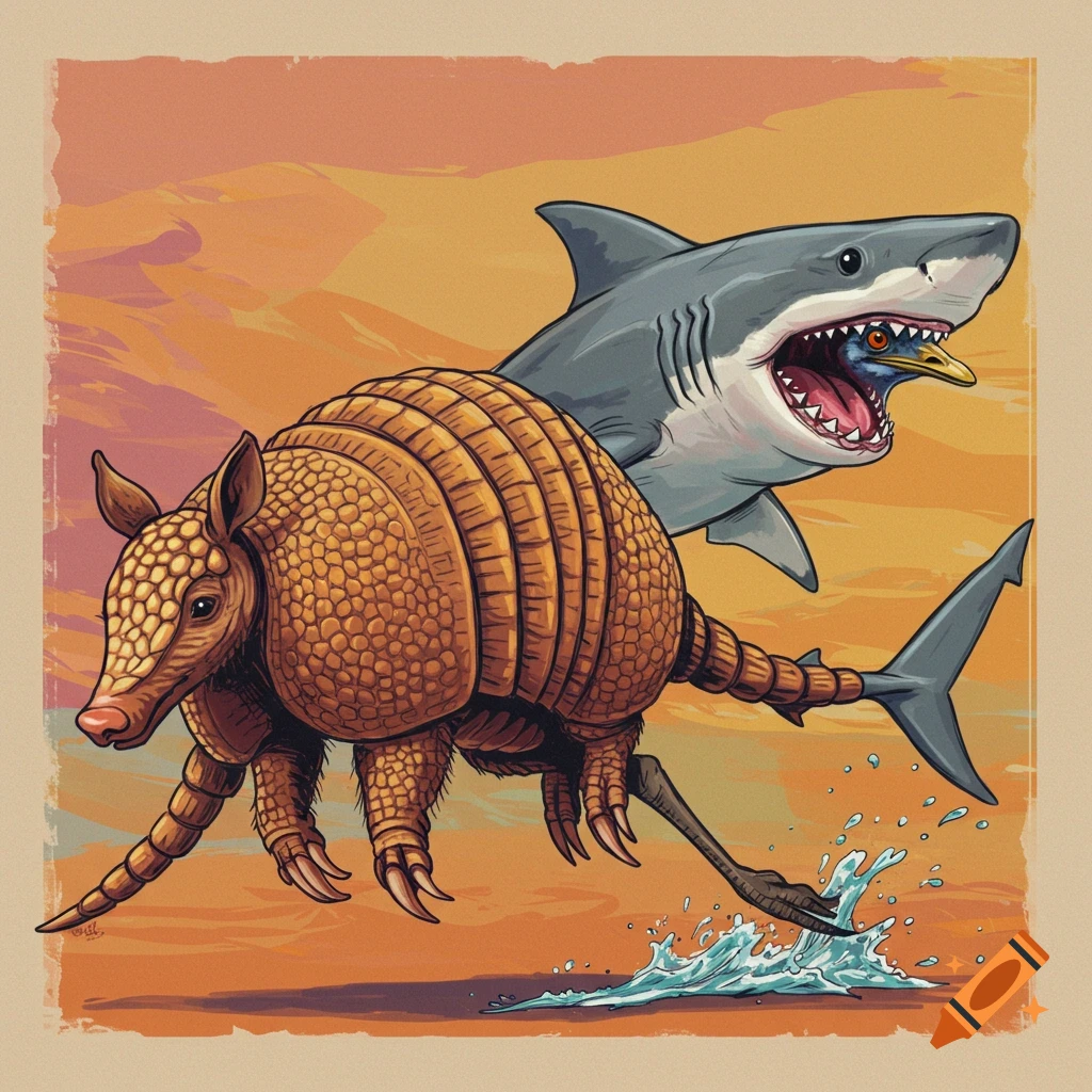 An armadillo, emu, and shark hybrid running in a desert landscape.