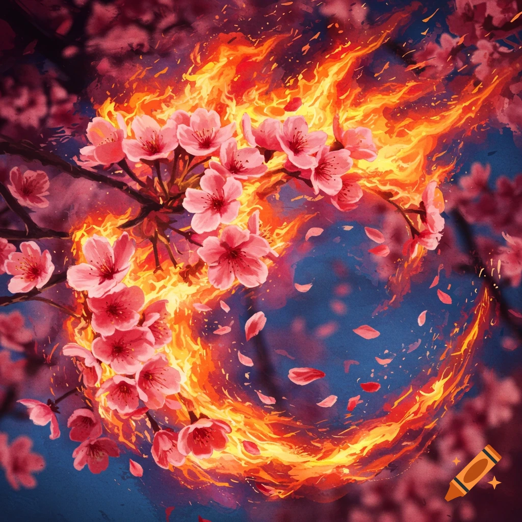 Pink cherry blossoms on a branch engulfed in flames with falling petals.