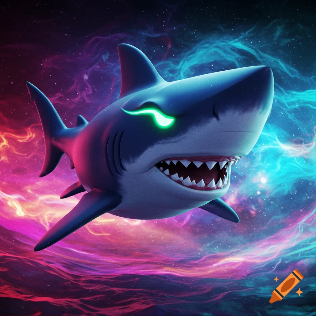 Cartoon shark with glowing eyes in a cosmic background