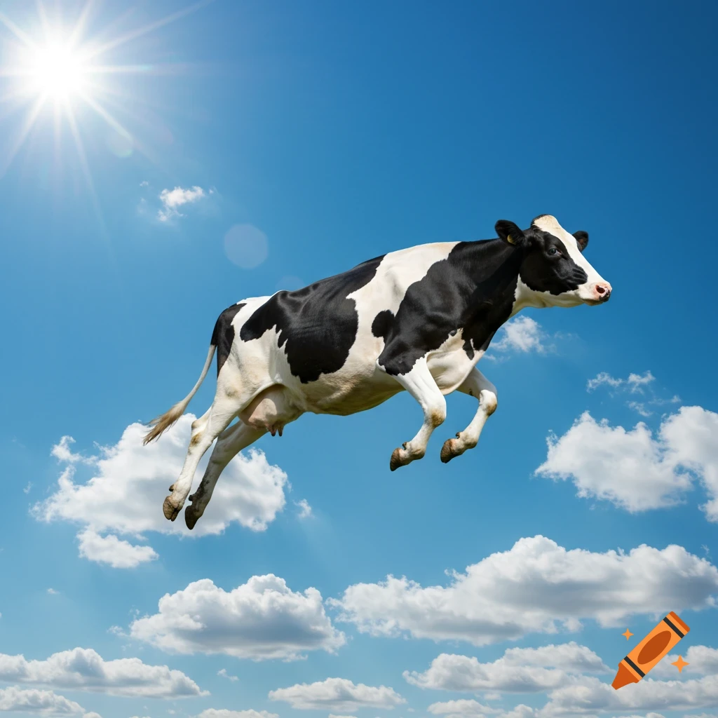 A black and white cow is flying through a bright blue sky filled with white clouds.