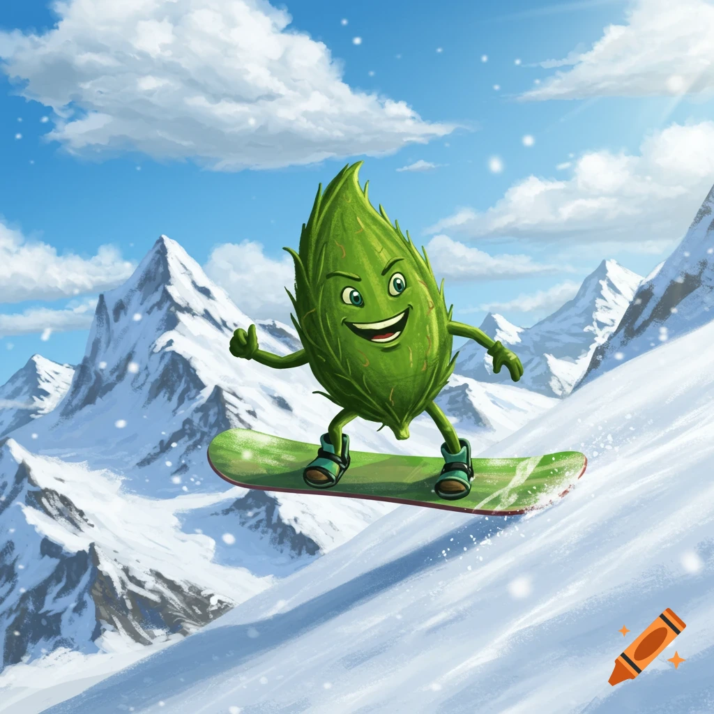 Cartoon leaf character snowboarding down a snowy mountain.