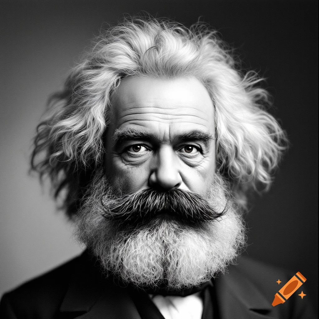 Black and white portrait of a man resembling Karl Marx with wild hair and a large beard, wearing a suit.