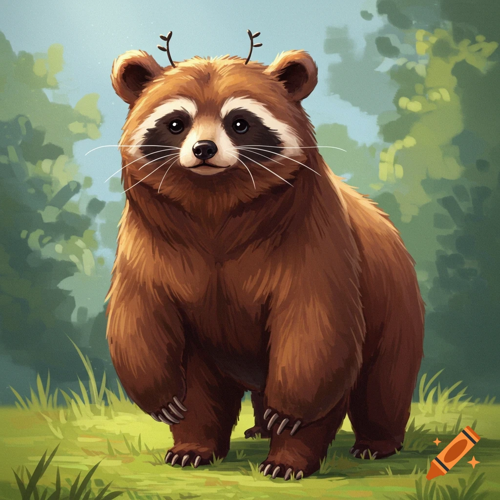 A bear-raccoon hybrid creature with small antlers stands in a forest clearing.