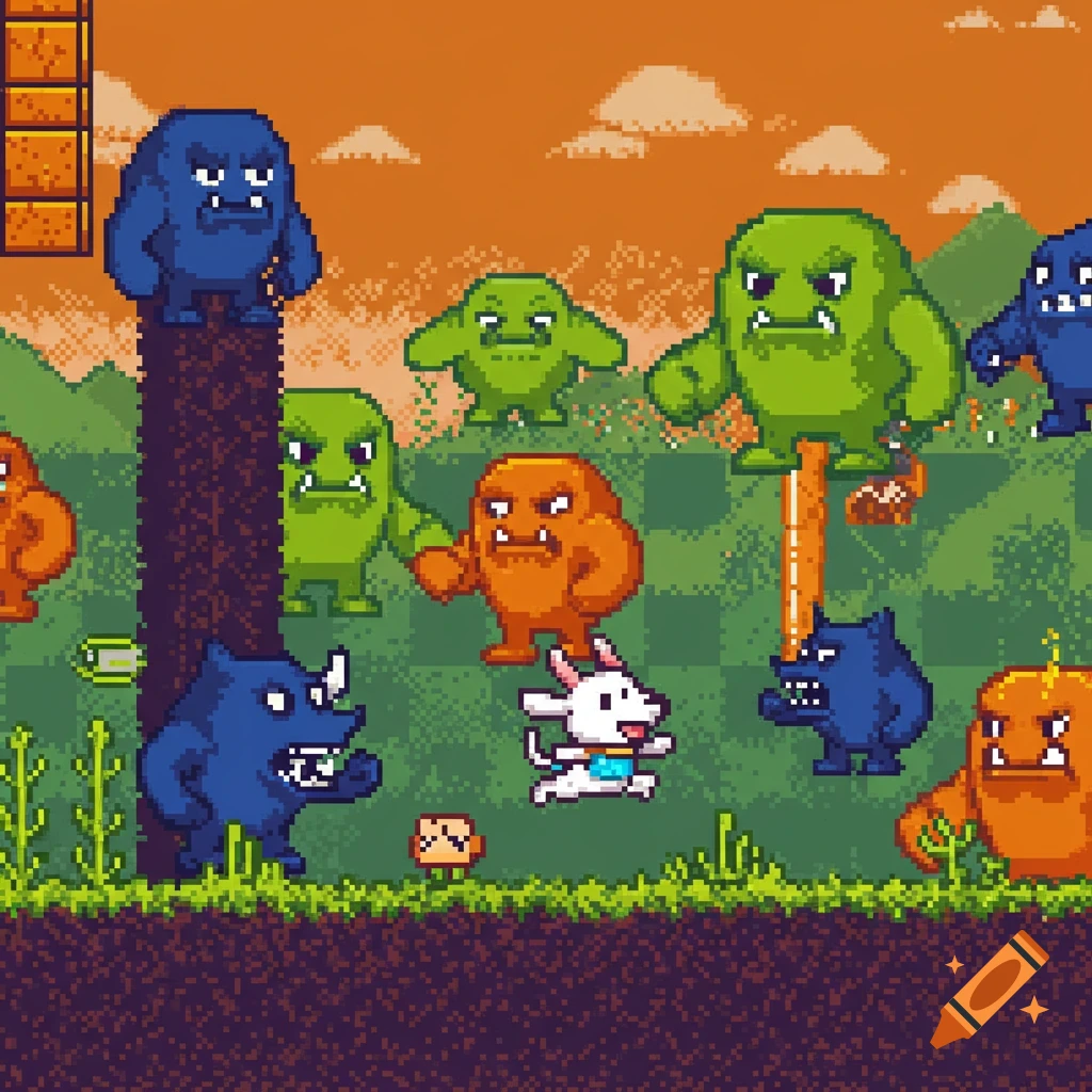 Pixel art scene of a white dog jumping among giant colorful monsters in a video game style.