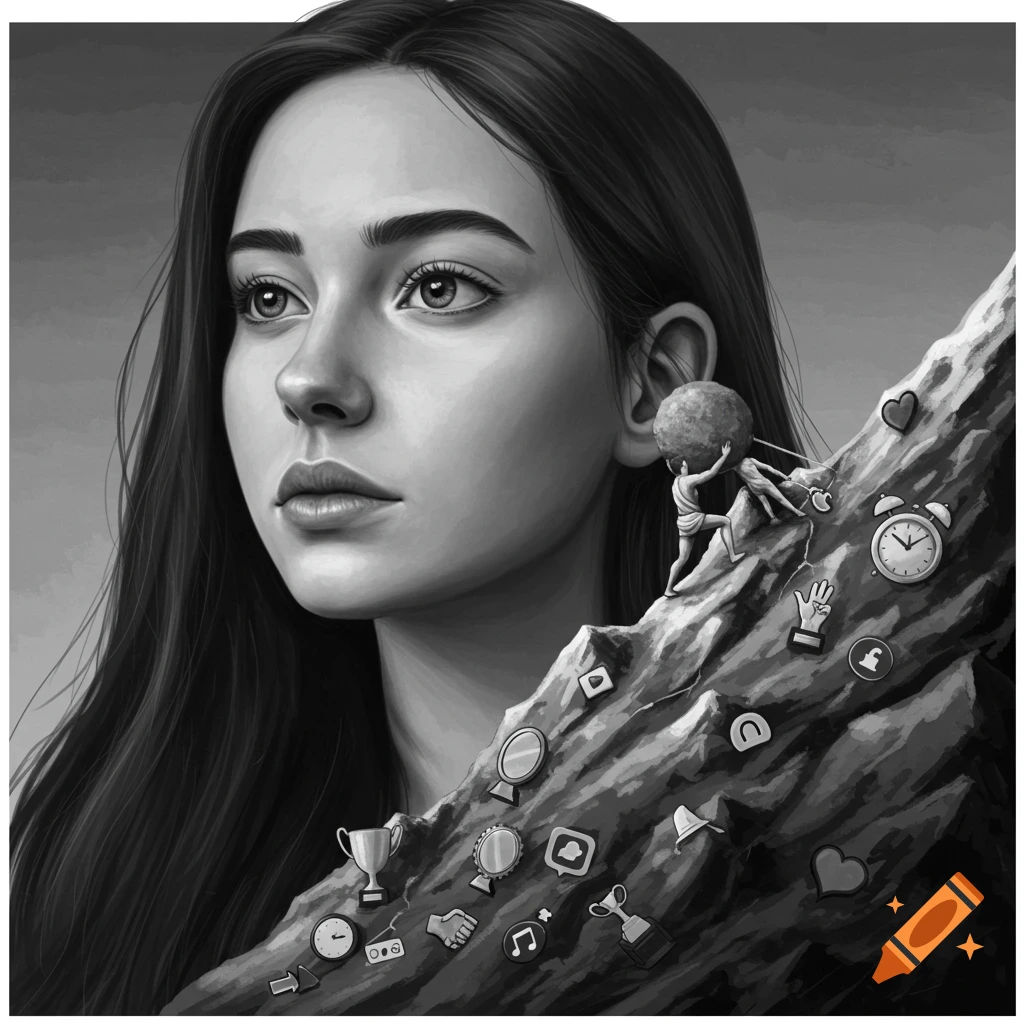 Black and white surreal image of a woman whose hair becomes a mountain covered in symbols, with a small Sisyphus figure pushing a boulder.