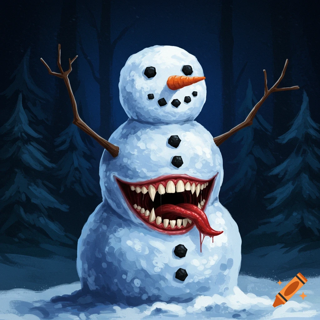 A monstrous snowman with a huge mouth of sharp teeth and a bloody tongue in its middle, standing in a dark forest.