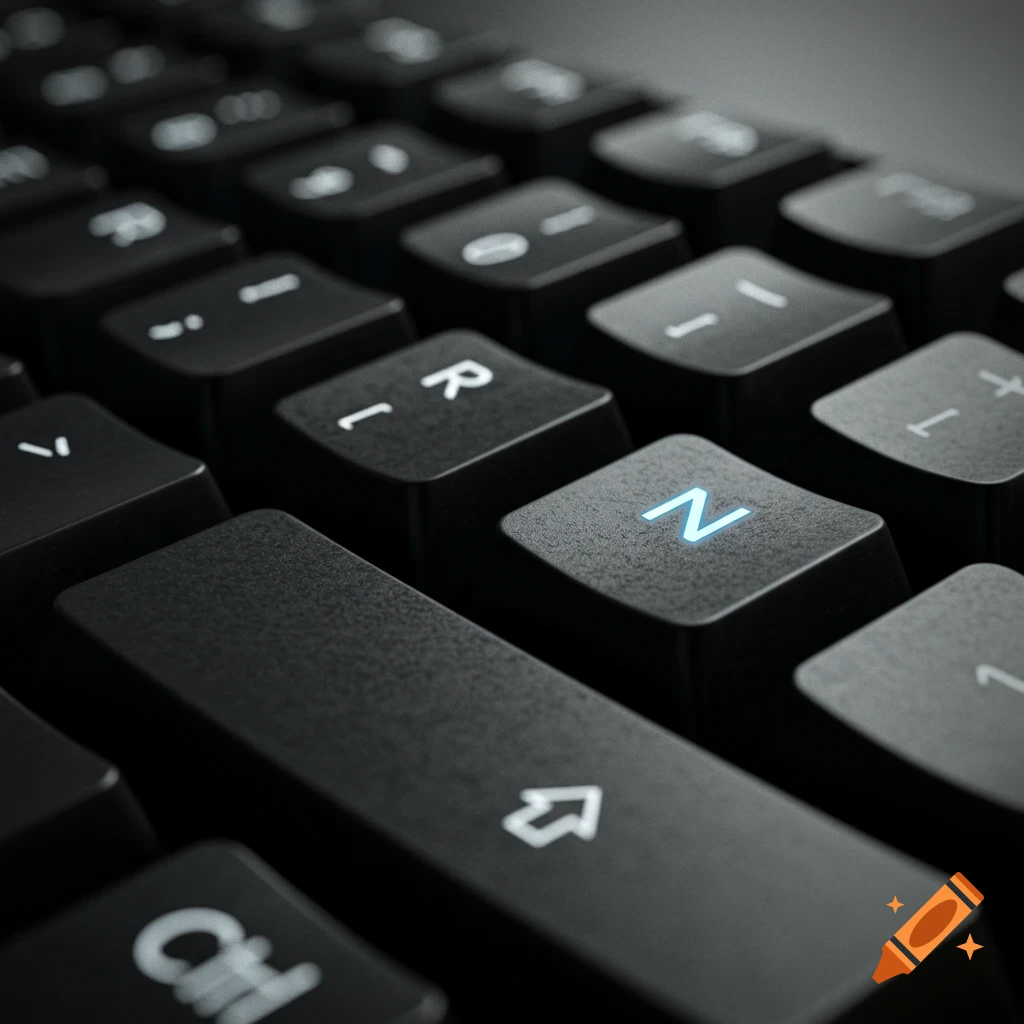 Close-up of a black computer keyboard with the N key glowing blue.