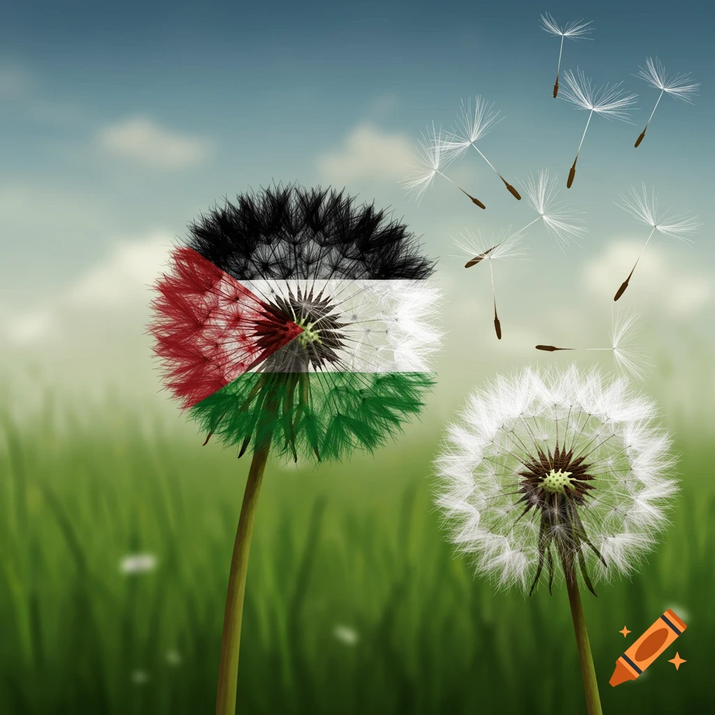Dandelions with Palestinian flag colors, seeds blowing in the wind.
