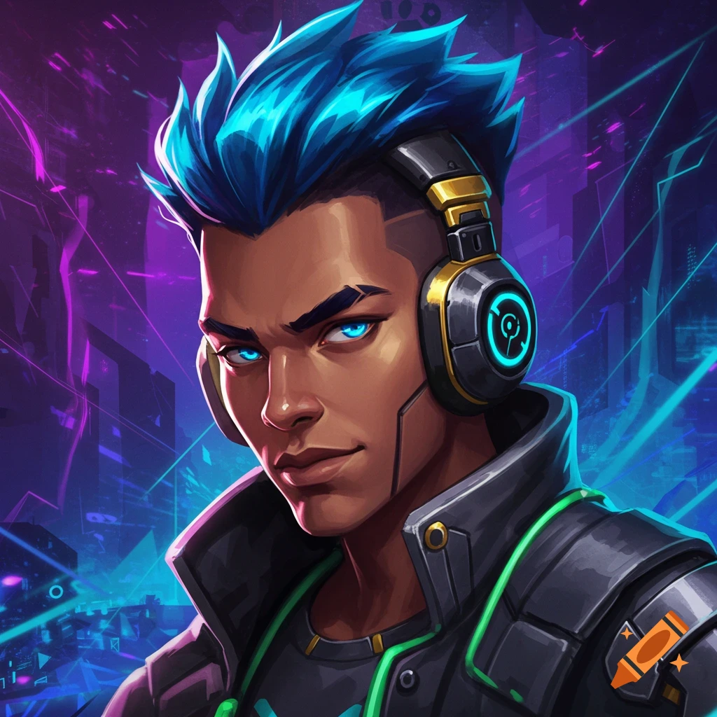 A person with blue hair and headphones is in a sci-fi setting.
