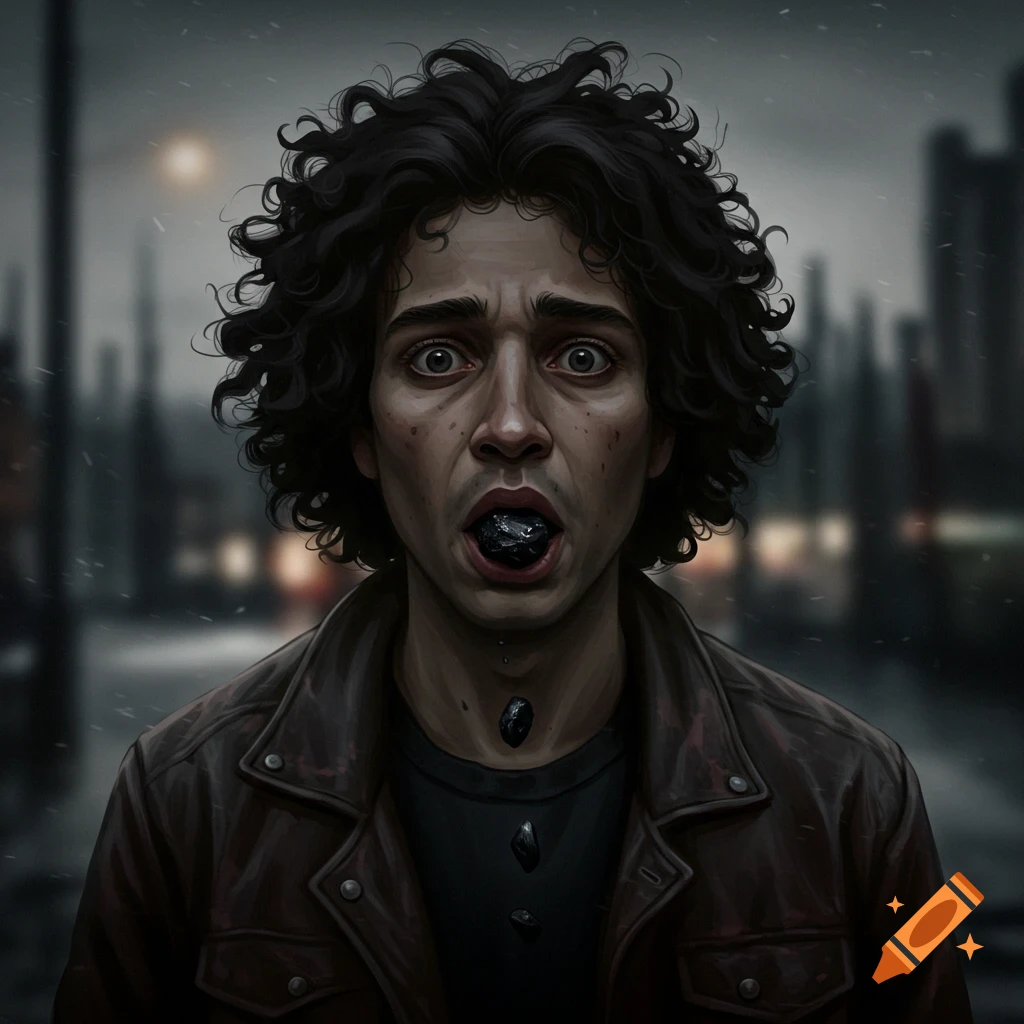 A person with coal in and falling from their mouth and neck in a stormy urban scene.