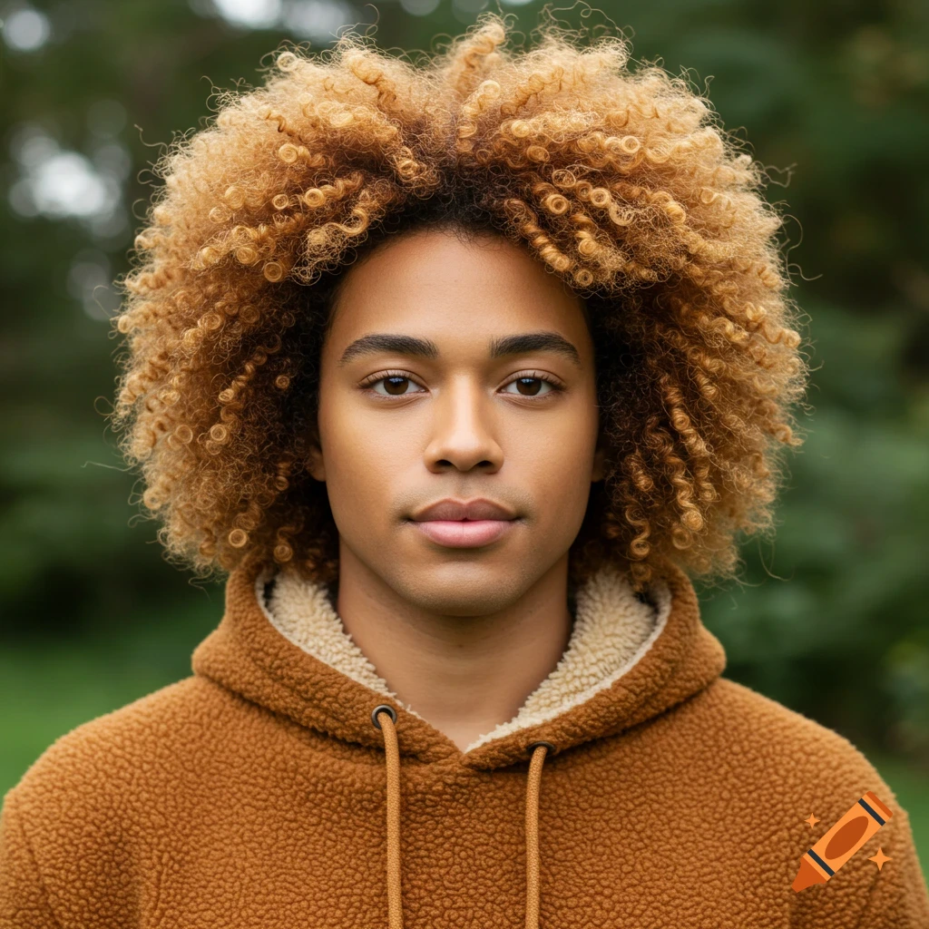 Portrait of a young man with curly blonde hair in a brown hoodie outdoors.