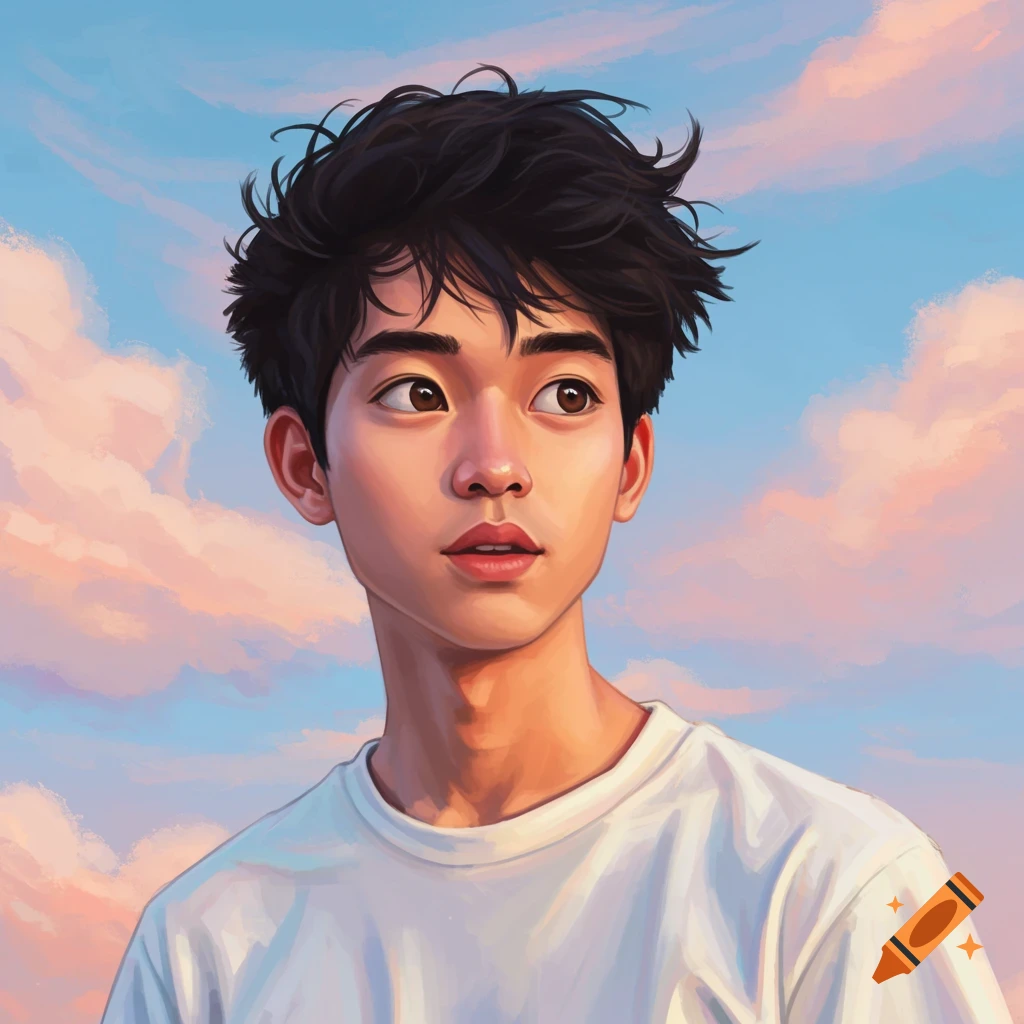 A young man is depicted looking away against a pastel sky.