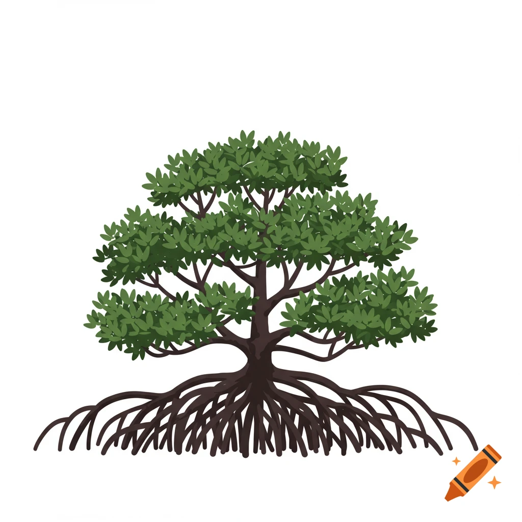 Graphic illustration of a mangrove tree with exposed roots