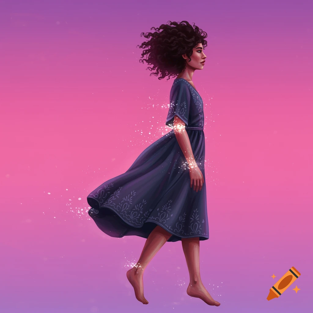 A person in a flowing blue dress floats against a pink and purple gradient.