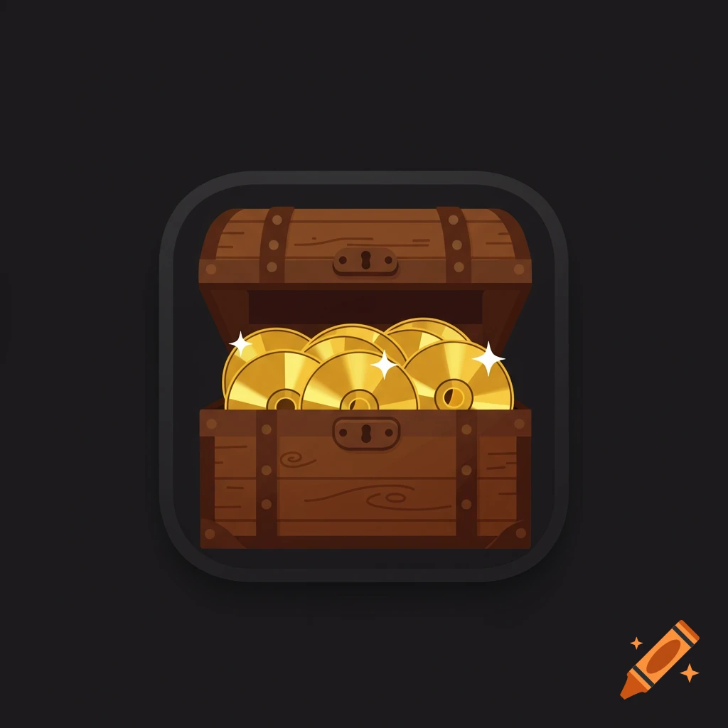 App logo icon of an open treasure chest overflowing with gold CDs on a dark background.