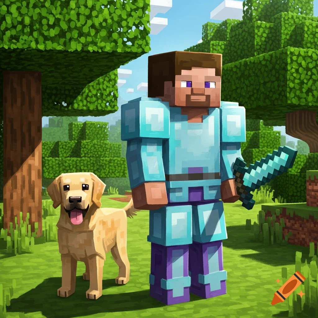 Minecraft Steve in diamond armor with sword stands next to a yellow dog in a blocky forest.