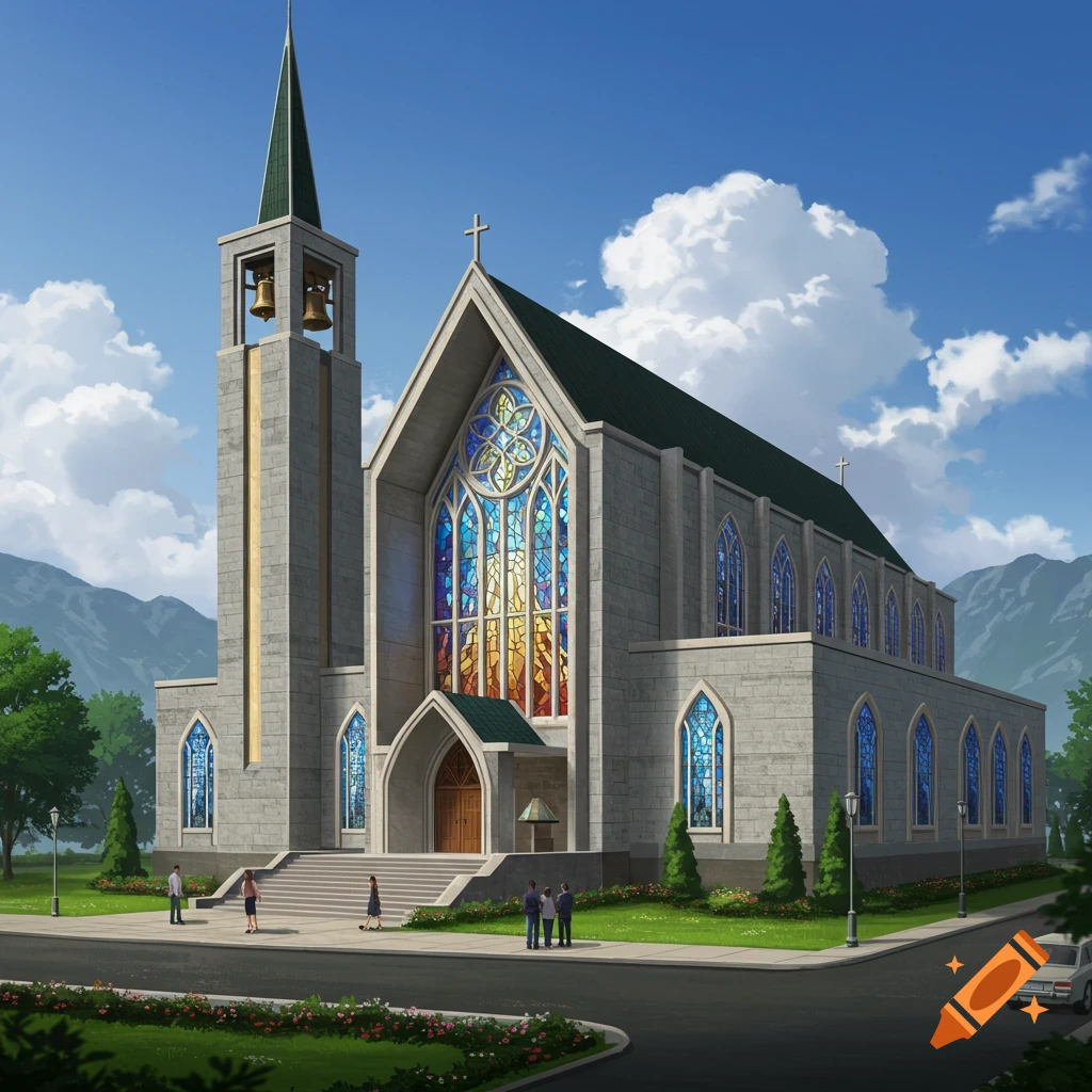 A church building with stained glass windows and a steeple is depicted, with people gathered outside. Mountains are visible in the background.