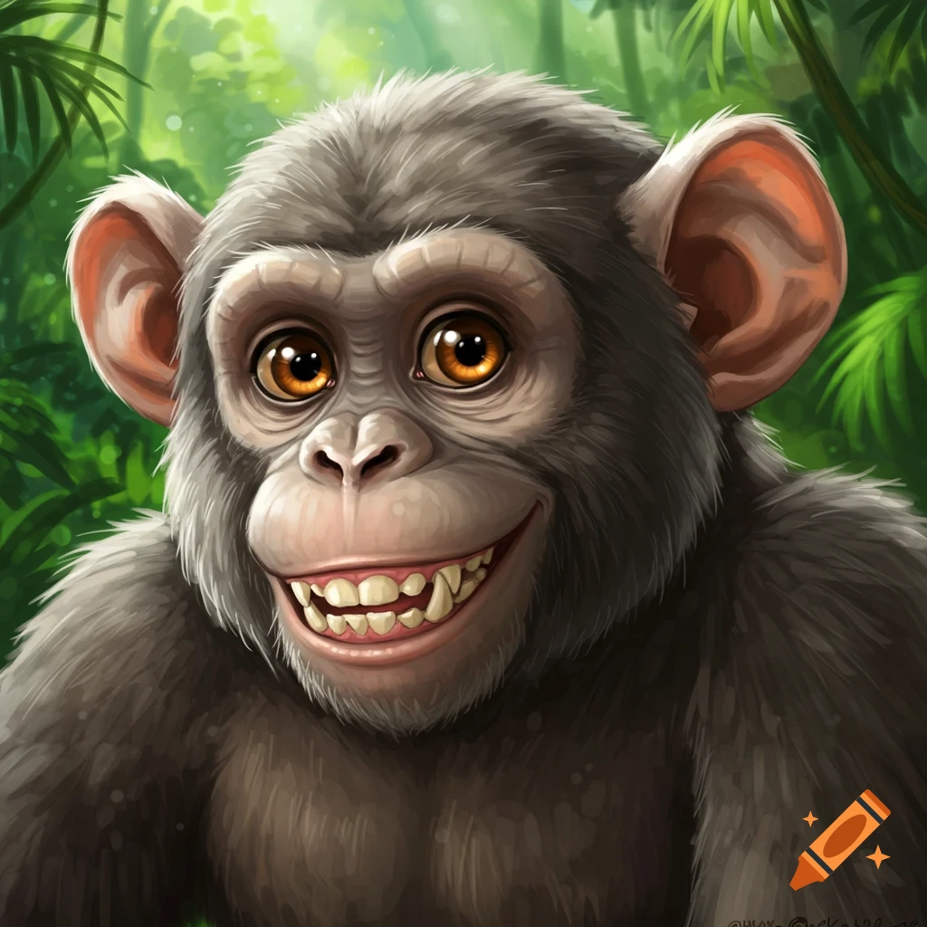 Close-up of a smiling chimpanzee face in a jungle background