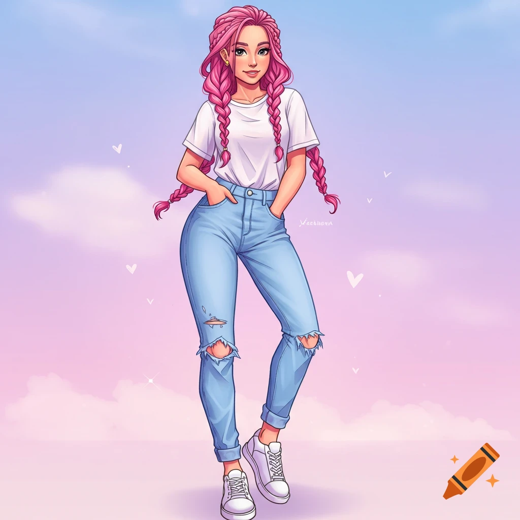Anime illustration of a young woman with pink braided hair wearing a white t-shirt and ripped jeans against a pink and blue sky.