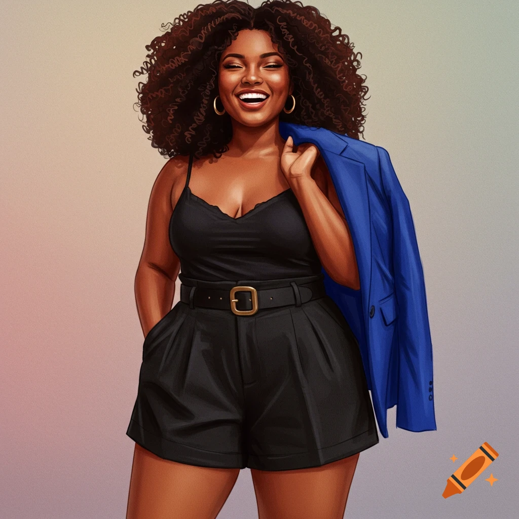 A smiling plus-sized Black woman with curly hair wears a black camisole and black shorts, with a blue blazer draped over her shoulder.