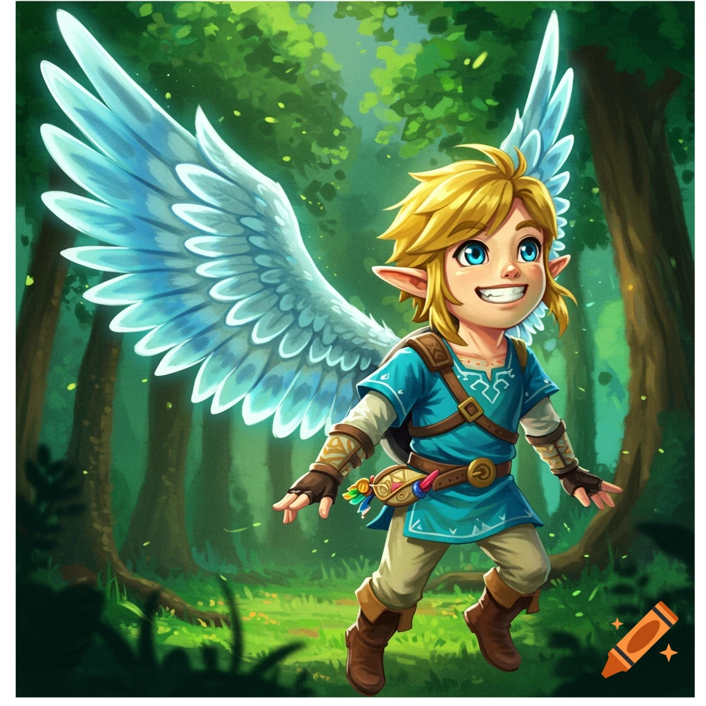 A stylized character resembling Link with blue wings flies in a forest.