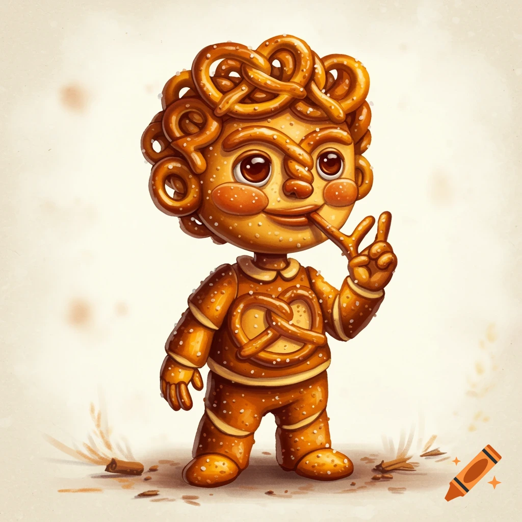 A whimsical character made of pretzels holding a pretzel stick and making a peace sign
