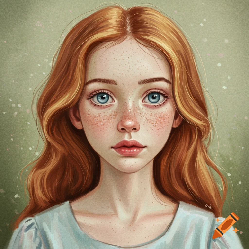 A girl with red hair, freckles, and blue eyes.