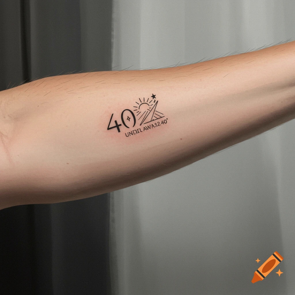 Close-up of a black line art tattoo on an arm featuring the number 40 and abstract symbols.