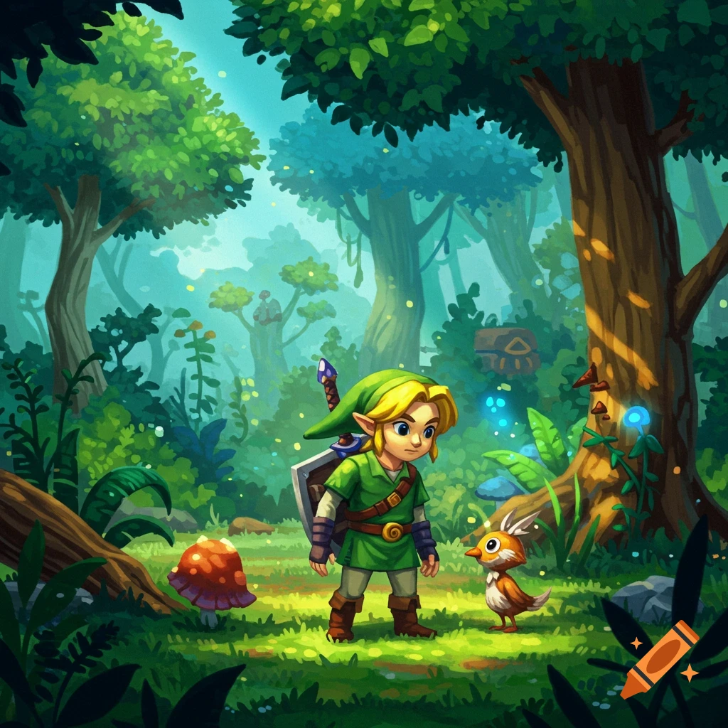 Link from Legend of Zelda standing in a forest with a mushroom and a bird.